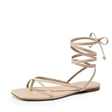 DREAM PAIRS Women's Strappy Flat Sandals - Comfortable Lace Up Gladiator Dressy Sandals, Square Toe Tie Up Walking Sandal, Summer Wrap Up Vocation Sandal Mermaid Shoes,Size 8,Nude,SDFS26010W