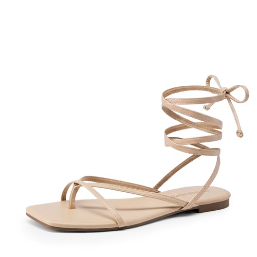 DREAM PAIRS Womens Strappy Flat Sandals - Comfortable Lace Up Gladiator Dressy Sandals Square Toe Tie Up Walking Sandal Summer Wrap Up Vocation Sandal Mermaid Shoes Size 9 Nude SDFS26010W