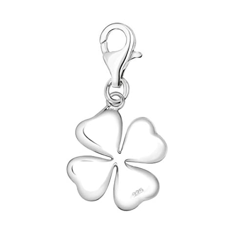 Quiges 925 Sterling Silver 3D Lucky 4 Leaf Clover Lobster Clasp Charm Clip on Pendant Cover
