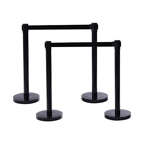 Crowd Control Stanchion, Set of 4 Pieces Stanchion, with 6.6 ft/2 m Black Retractable Belt, Black Steel Crowd Control Barrier w/Rubber Base - Easy Connect Assembly