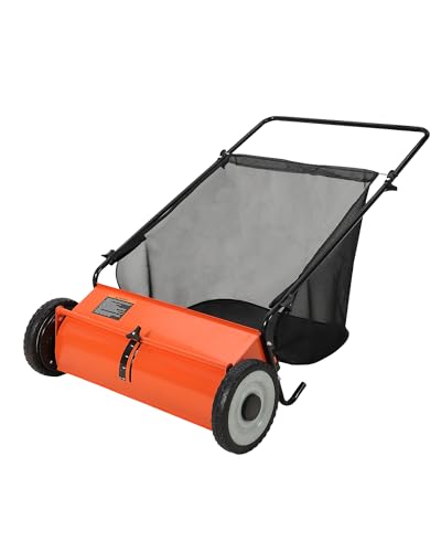 26 in Push Lawn Sweeper, 7 Cu. Ft. Hopper Capacity Grass Sweeper, Manual Push Yard Sweeper with Height Adjustment & 4 Fast Spinning Brushes for Grass Clippings, Leaves & Debris, Orange