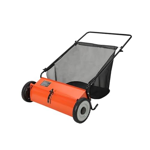 Push Lawn Sweeper for Leaves, 26" Width Heavy Duty Steel Frame Grass Catcher with 7 Cu. Ft. Hopper Bag & 4 Spinning Brushes for Yard and Garden Cleanup, Orange Orange 26"