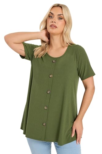 Image of Yours Curve Green Button Front Ribbed Swing Top - Women's - Plus Size Curve