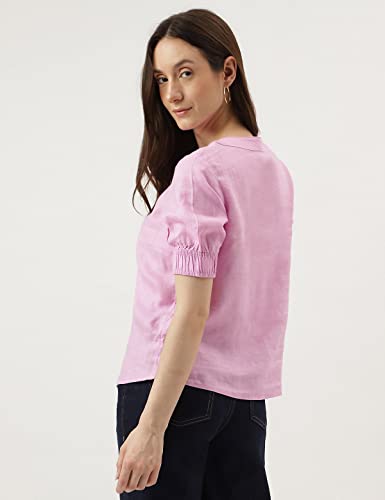 Image of Marks & Spencer Womens Solid Linen Blend Round Neck Regular Fit Top