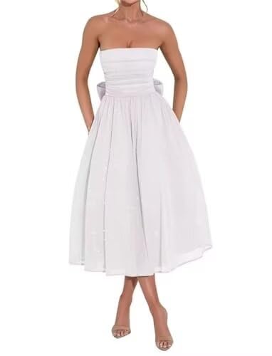 Sparkly Strapless Prom Dress for Women 2025 Tea Length Summer Tulle Dress with Bow Midi Evening Gowns