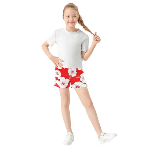 Girls Athletic Shorts Floral White Hibiscus Flowers Red Cute Casual Summer Clothing with Pockets Customized, X-Small2