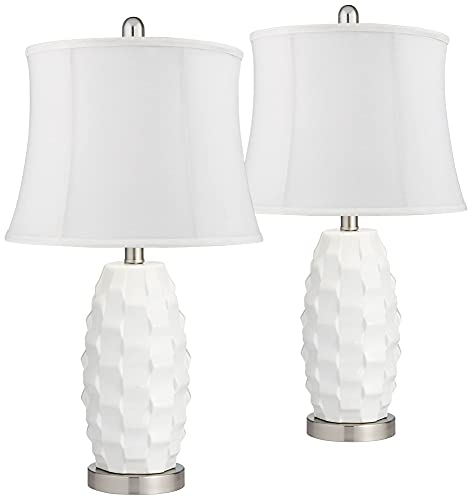 360 Lighting Scalloped Modern Coastal Table Lamps 24 1/2" Tall Set of 2 White Ceramic LED White Softback Fabric Drum Shade for Bedroom Living Room House Home Bedside Nightstand Office Family