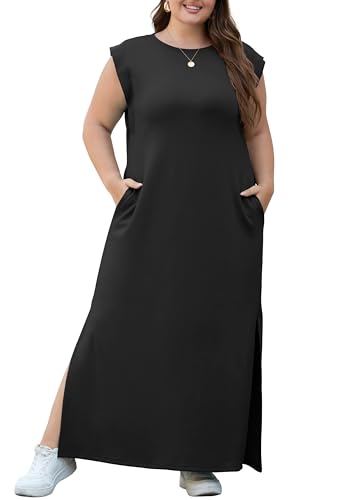 OLRIK 2025 Summer Women's Plus Size Maxi Dresses for Curvy Women Casual Split Long Dress with Pockets2
