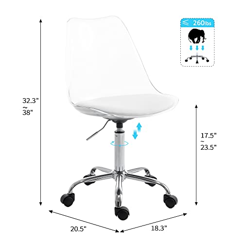 Homefun Clear Desk Chair With Cushion, Armless Acrylic Rolling Chair Height Adjustable Ghost Chair Swivel Molded Plastic Home Office Chair With Wheels, Clear #TOP1