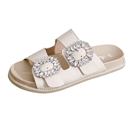 サンダル 『浴衣にもあう スクエアビジュー 厚底 サンダル』 ビジュー ラインストーン ダブルベルト フラット 歩きやすい (S M L LL) (02 アイボリー, S)