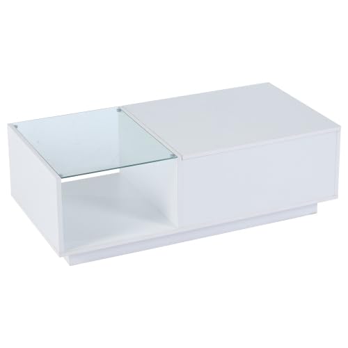 LED Couchtisch, Höhenverstellbarer Kaffeetisch mit Smart LED Beleuchtung & Verstecktem Stauraum, Hochglanz Wohnzimmer Tisch, 50x100x(33-46.5) cm, Weiß/Schwarz