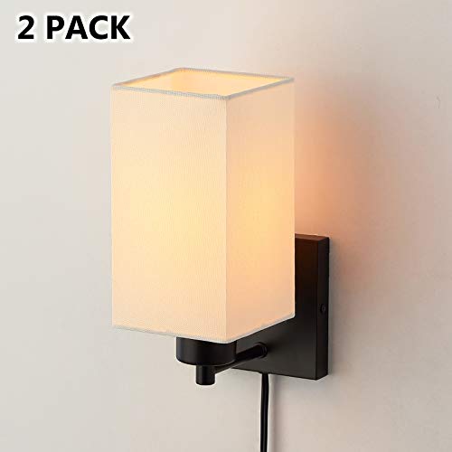 Koonting® Plug In Wall Sconce Set Of 2, Rustic Wall Lamp With Plug-In Cord And On/Off Toggle Switch, Beige Fabric Shade Wall Light Fixture For Headboard Bedroom Living Room Hallway #TOP1