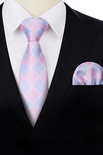 Image of HISDERN Ties for Men Formal Business Plaid Checked Mens Ties and Pocket Square Set Classic Wedding Necktie Handkerchief