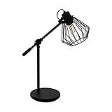 La lámpara de mesa de acero negro con una pantalla decorativa hecha de una estructura de alambre y un brazo de lámpara ajustable se integra sin problemas a las tendencias como vintage, industrial y retro