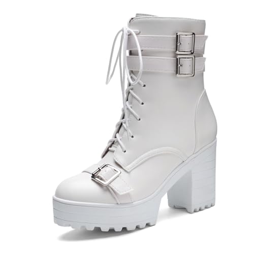 Image of FOREADA Goth Boots Chunky Heel Boot For Women Ankle Combat Booties Black Platform Bootie Buckle Rivets Punk Goth Shoes With Zipper