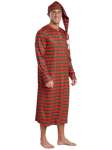 iiniim Mens 2 Piece Pajama Set Soft Loose Striped Nightshirt with Sleeping Cap Sleepwear Nightwear2
