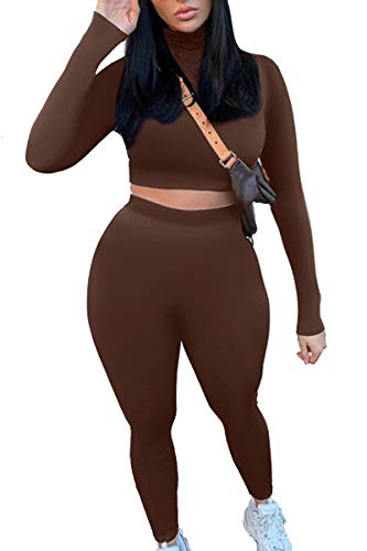 Mulisky Women’s Casual 2 Piece Outfits Sexy Bodycon Long Sleeve Crop Top With Long Pants Tracksuit Set Jumpsuits Coffee S #TOP1