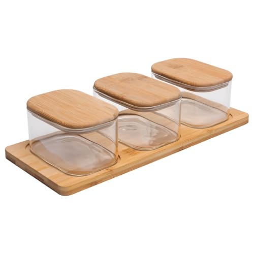 WOLFF - Conjunto 3 Potes com Tampa e Bandeja de Bambu Vidro Borossilicato