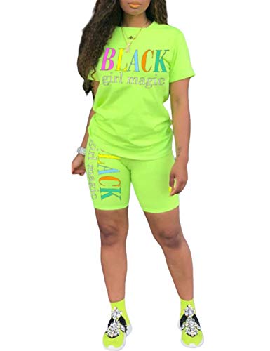 Fantasyskins Women's Neon Color Sports Matching Suit Black Girl Letter Print 2Pcs Short Sleeve Tshirt Biker Shorts Tracksuit(Gr,3Xl) #TOP28