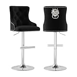 ABET Bar Stools Set of 2, Counter Height Stools with Footrest, Velvet Adjustable Swivel Kitchen Island Chair with Upholstered Tufted High-Back, Lion Head Ring Nailhead Trim, Chrome Base, Black