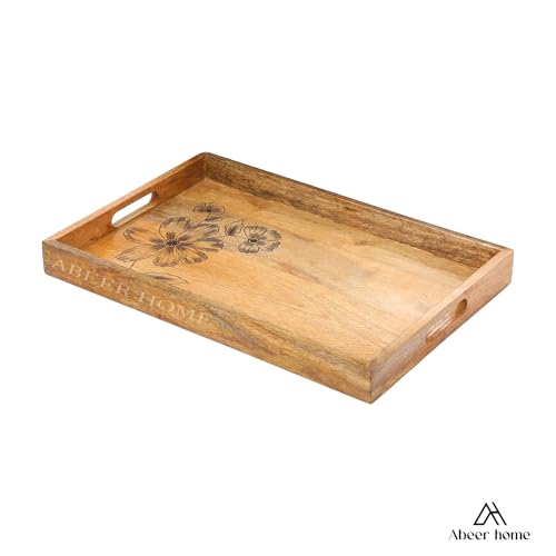 Image of Wooden Serving Tray - 18 x 12 Inches | Minimal Light Brown Finished with Raised Edges | Durable Mango Wood Breakfast Tray | Wooden Serveware Trays for Tea, Snacks & Sweets, Home & Dining