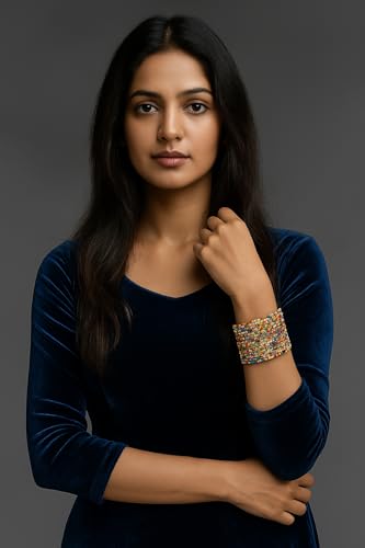 Image of Touchstone Indian Colorful Bead Bracelet Bollywood Beaten Metal Beads Openable Broad Cuff Bracelet in Gold or White Tone for Women.