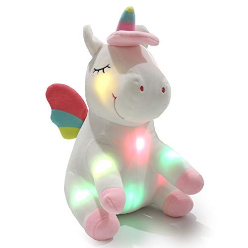 Athoinsu Rainbow Unicorn Stuffed Animal with Wings Smiling and Sleeping Soft Plush Colorful Unicorn, Nice Gift for Babies Toddlers at Birthday Christmas Thanksgiving Day, White, 12 Inch
