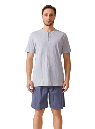 DAVID ARCHY Men's Cotton Short Henley Sleepwear Pajamas Soft Comfortable Classic Button-Down Woven Summer Set (S, Gray/Navy Blue Stripe)
