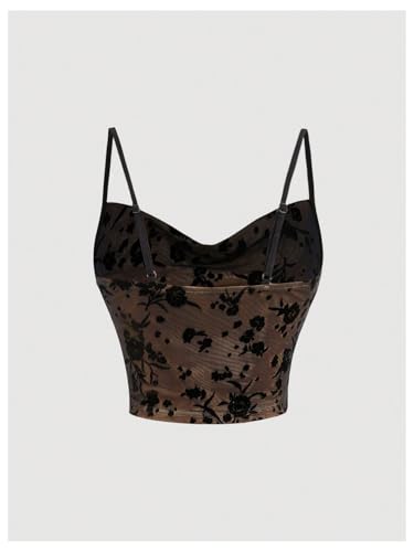 Milumia Women's Floral Mesh Cowl Neck Cami Top Spaghetti Straps Cropped Tops2