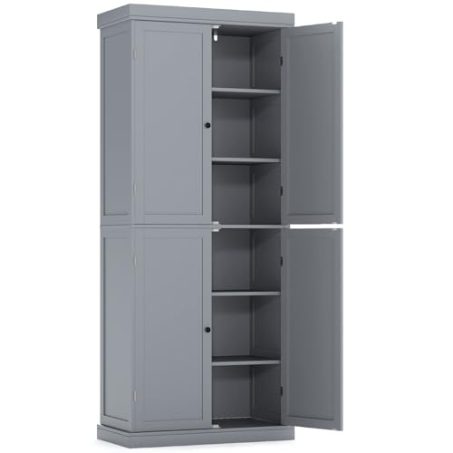 Image of TANGZON Tall Kitchen Cupboard, Tall Storage Cabinet with 4 Doors & 2 Adjustable Shelves, Freestanding Wooden Sideboard Unit for Pantry Dining Living Room (76 x 40 x 184cm, 6-Tier, Grey)