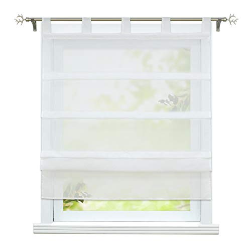 ESLIR Roman Blind with Tabs Kitchen Voile Roman Curtains Transparent Tab-Top Roller Blind Modern Curtains Plain White W x H 140 x 140 cm 1 Piece