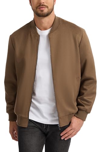 Fahsyee Mens Faux Suede Bomber Jacket Casual Lightweight Varsity Style Full Zip Up Leather Coat Brown L