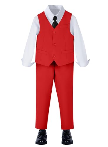 Image of YuanLu Toddler Boys Formal Suits Set,Vest Pants Dress Shirt and Tie for Kids Boy Wedding Ring Bearer Oufit