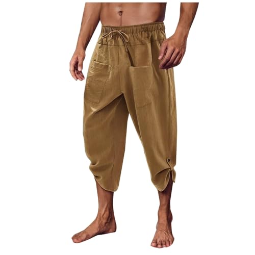 Three Quarter Khaki Trousers Lounge, Mens Capri Pants Summer Baggy Casual Linen High Waist Drawstring Harem Pants Lightweight Solid Beach Wide Leg Capris, Pantalon De Lino para Hombre
