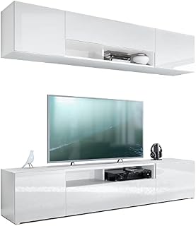 Vladon Wall Unit TV Stand Mogan, Carcass in White matt/Fronts in White High Gloss