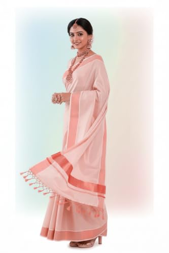 Image of Women's Kerala Tissue Plain Saree with Running Blouse| Onam & Vishu Kani Special | Traditional Kasavu White Colour