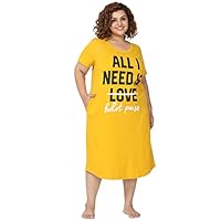 9shines Label Plus Size Nighty Hosiery Cotton Knee Length Short Nightwear Graphic Print Nightdress with Pocket on Right Side (9SPMY23-Fire Yellow, 7XL)