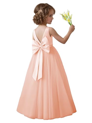 DailyValley Peach Flower Girl Dresses for Wedding Princess Pageant Dresses Pearls First Communion Gown with Bowknot US6