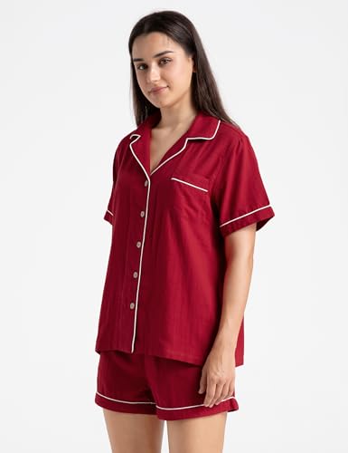 Image of Womens Muslin Pajama Sets 100% Cotton Double Gauze Linen Like Short | Breathable Soft Comfort Button Up Loungewear Sleepwear PJ Set