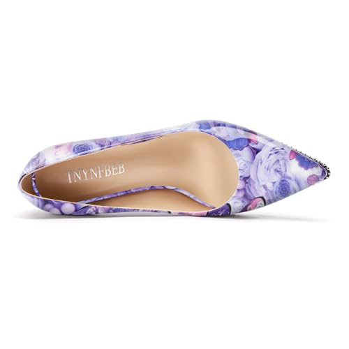 Image of TNYNFBEB Womens Mid Kitten Heel Pointed Toe Pumps Slip-on Silver Beaded Prom Party Dress Patent Leather 2.6 Inches Heels