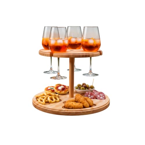 Mottiwood Alzatina 4 Bicchieri, Vassoio Aperitivo, 2 Ripiani, 4 Spazi Porta Bicchieri, 100% Legno Faggio, Idea Unica, Dimensioni: 32,5x23hcm