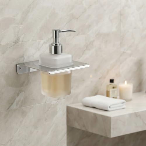 Image of Wall Mounted Liquid Soap Dispenser with Frosted Glass Bottle | Rustproof Bathroom Soap Pump Holder | Heavy Duty Chrome Finish Hand Wash Dispenser for Bathroom, Kitchen & Wash Basin