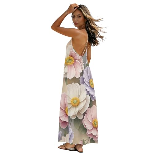 Robe d'été dos ouvert au motif fleurs pastel rose crème avec bretelles fines