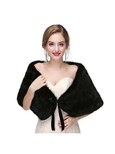 Olbye Women's Faux Fur Shawls and Wraps Wedding Fur Wrap 1920 Bridal Fur Stole Sleeveless Scarf for Bride and Bridesmaid (Black)