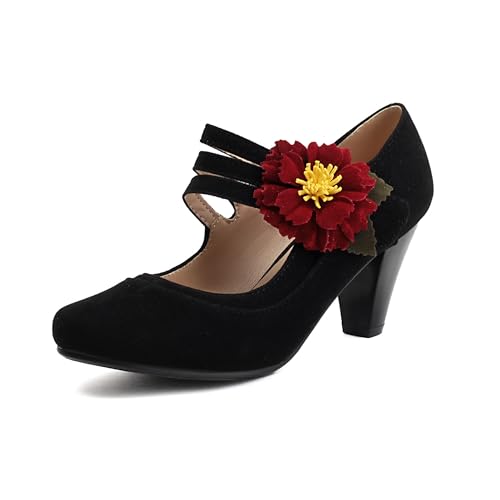 Elerhythm Women's Mary Jane Flower Ankle Strap Vintage Heels 1920s Pumps Closed Round Toe 1950s Victorian Retro Shoes