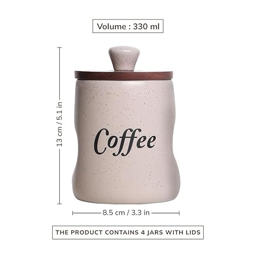 Image of Ceramic Tea Coffee Sugar Salt Containers Set of 4 with Wooden Lids | Jar and Container for Kitchen Storage Set | Multi Utility Air Tight Kitchen Organizer Items (Hand-Painted, 330 ML)