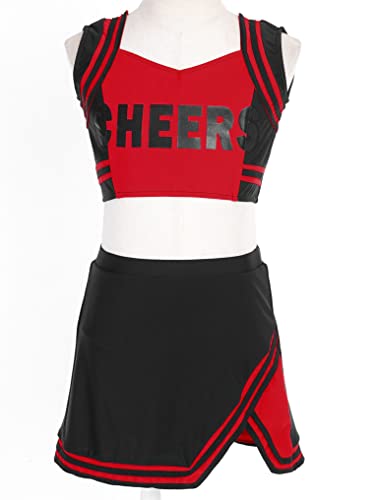 Oyolan Girls Cheerleading Uniform Outfits Cheer Leader Halloween Costume Sleeveless Letter Print Tops With Skirt Black&Red 10 Years #TOP2