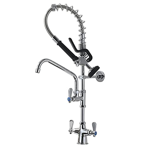 APPASO Commercial Faucet with Pre-Rinse Sprayer, 23\'\' Height Deck Mount Single Hole Polished Chrome Pull Down Compartment Sink Faucet with 10\'\' Swivel Spout for Restaurant Industrial