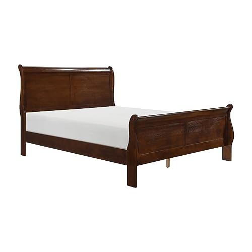 Benjara-Gage-Traditional-Queen-Sleigh-Bed-Wood-Frame-Rich-Brown-Cherry-Finish Benjara Gage Traditional Queen Sleigh Bed Wood Frame Rich Brown Cherry Finish