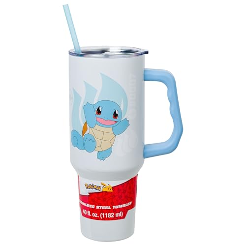 Image of Silver Buffalo Pokemon Featuring Squirtle Double Walled Stainless Steel Tumbler with Handle and Straw, Fits in Standard Cup Holder, 40 Ounces